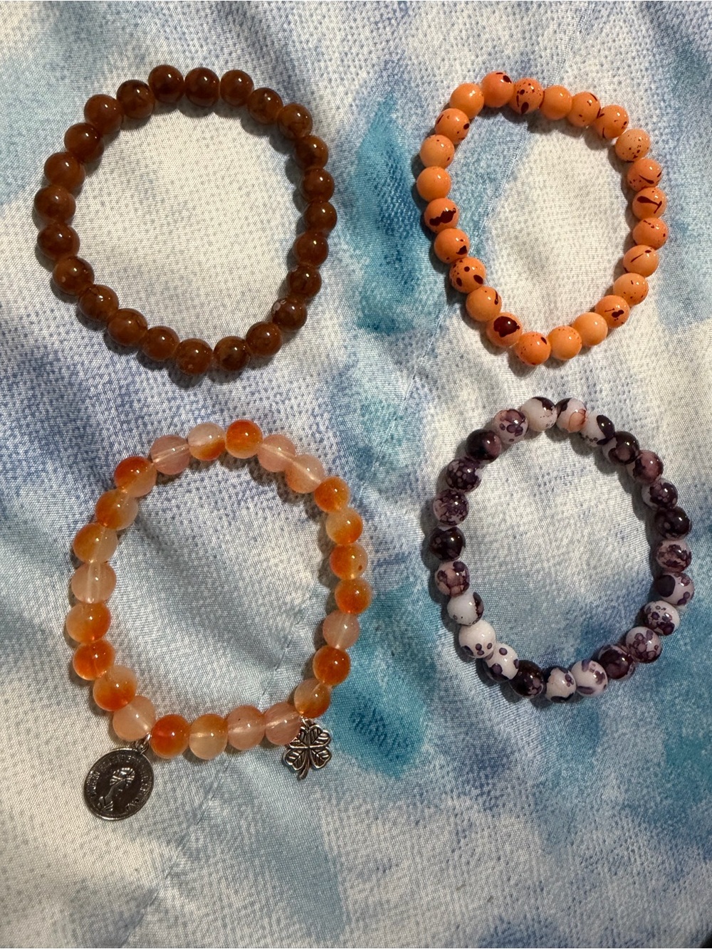 Orange and Brown Beaded Stretch Bracelet Set with Silver Charm